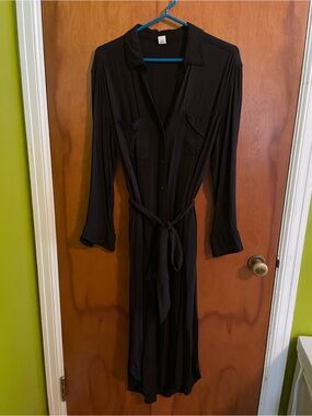 Black Button-Front Shirt Dress with Waist Tie